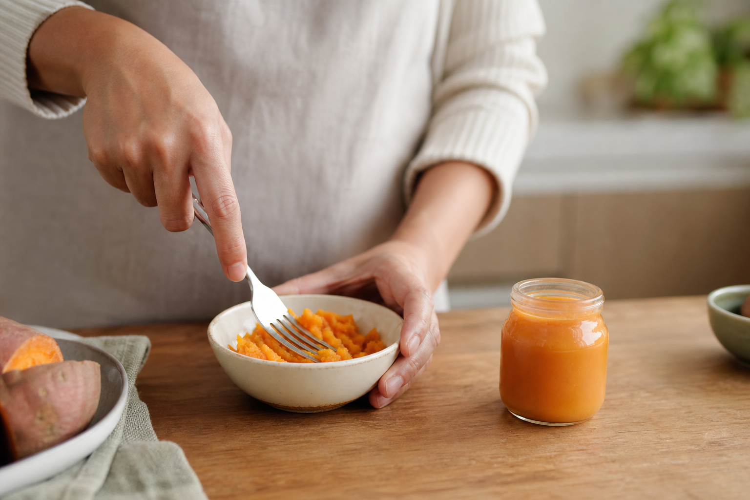 Homemade puree next to organic baby food brands for comparison